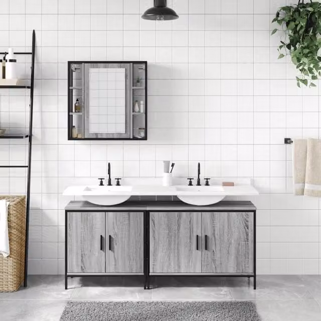 Berkfield Home 3 Piece Modern Grey Bathroom Cabinet Set with Mirror Cabinet and Vanity Unit – 1