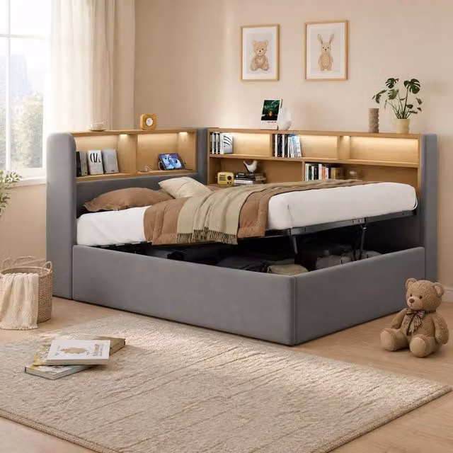STILVORA Modern Upholstered Single Bed Frame in Grey Velvet with Lift Up Storage, Integrated Reading Light and USB Charging Port, W/D/H: 90 x 190 cm
