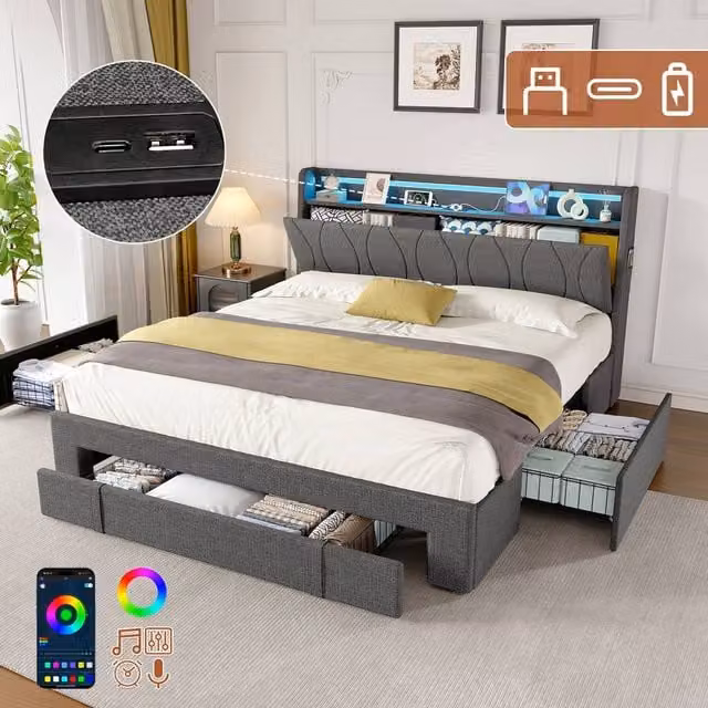 Matteo 4ft6 Double Upholstered Bed with Storage Drawers and LED Headboard with USB Charging Port, Grey