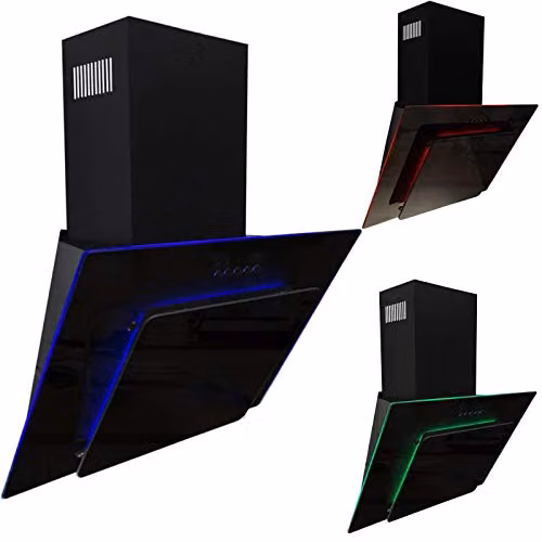 SIA AGE71BL Black Glass Angled Chimney Cooker Hood Extractor Fan with Red, Blue and Green LED Mood Lighting, Width: 70 cm