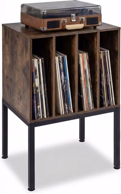 COSTWAY Brown Industrial Record Player Stand and Storage Table with Media Compartments