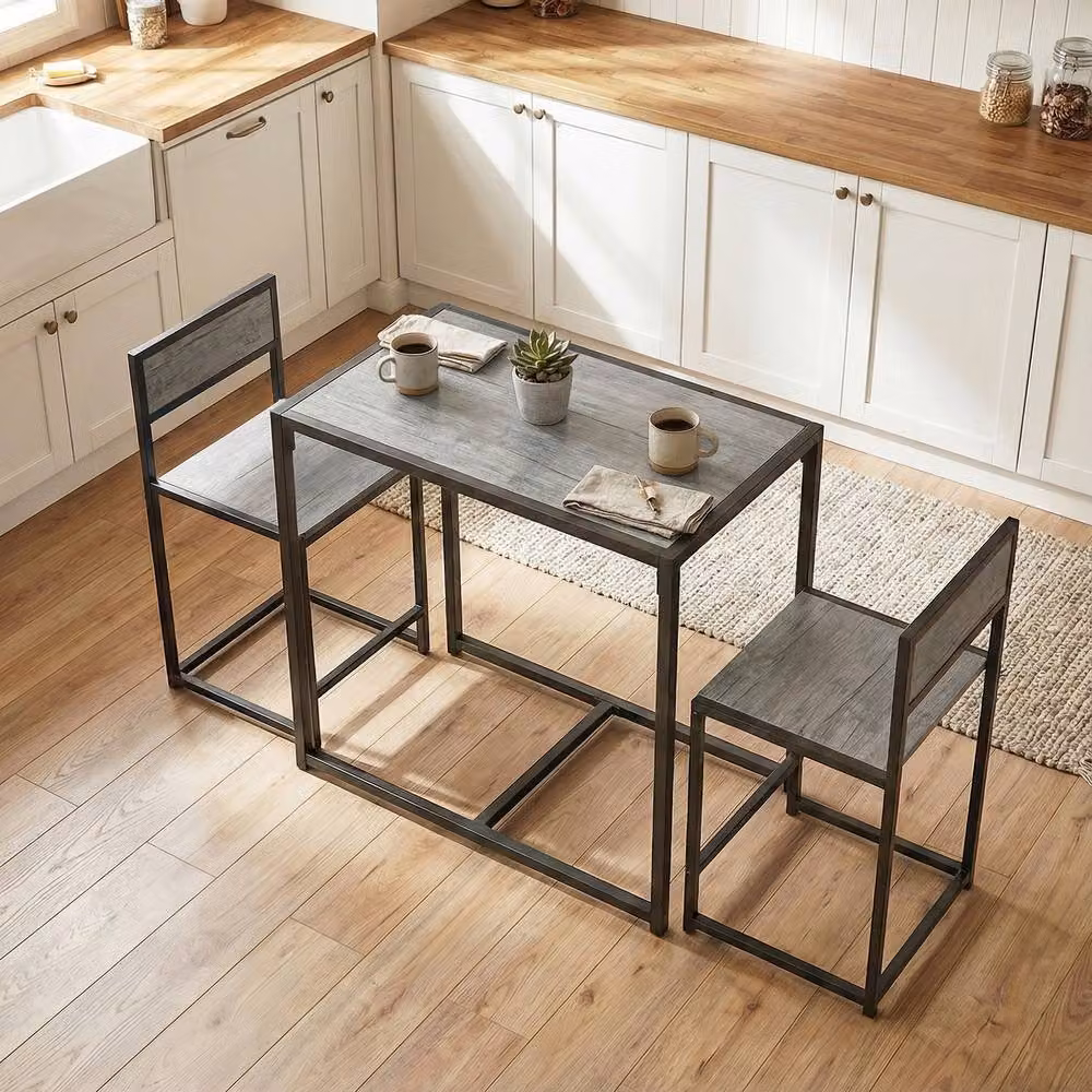 STILVORA 3 Piece Dining Set with 2 Stools, Grey MDF and Steel Frame – 7