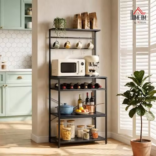 HOMCOM Freestanding Kitchen Baker's Rack with Wine Rack and Integrated Lighting, Black, W/D/H: 59 x 40 x 143.5 cm – 2