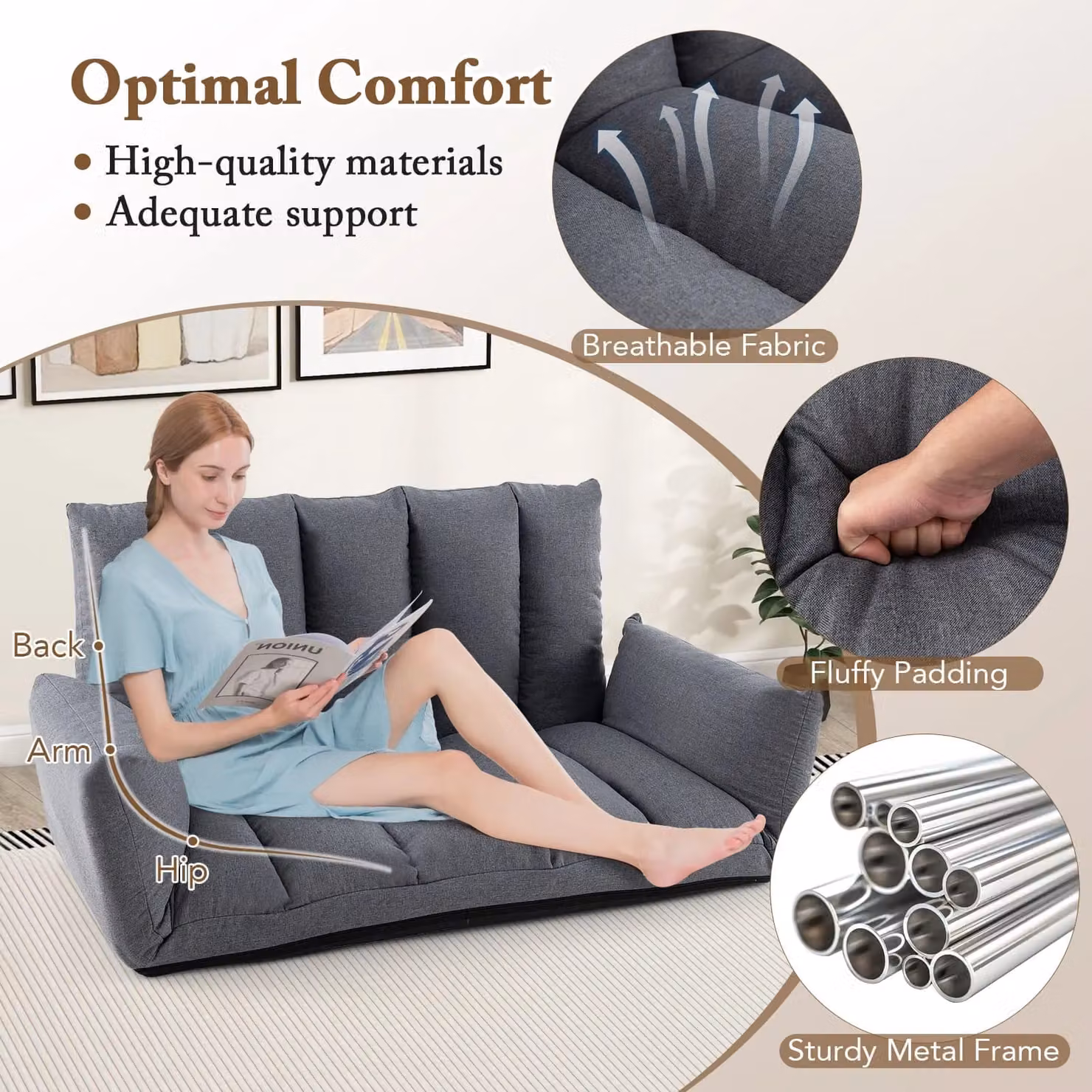 Gymax Foldable Floor Sofa Recliner Chair in Grey with Adjustable Backrest and Metal Frame – 4