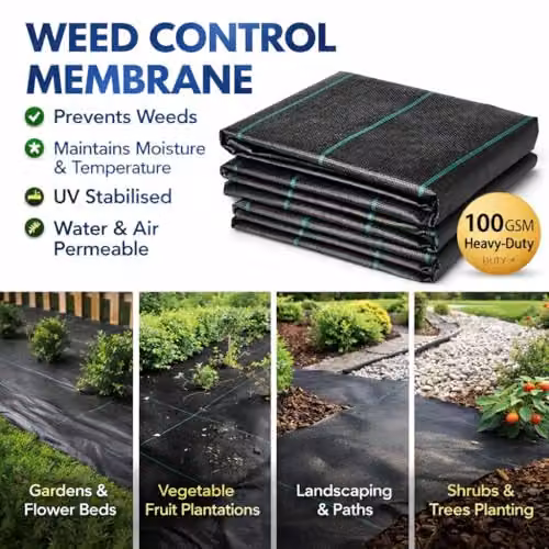 SolaDirect Black Weed Control Membrane 100 GSM Woven Fabric Ground Cover Mat, 4 x 5 m – 6