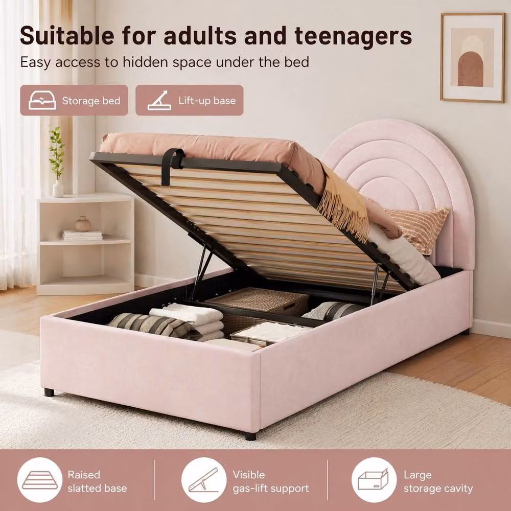 STILVORA Pink Velvet Single Storage Bed with Hydraulic Lift-Up Base – 3