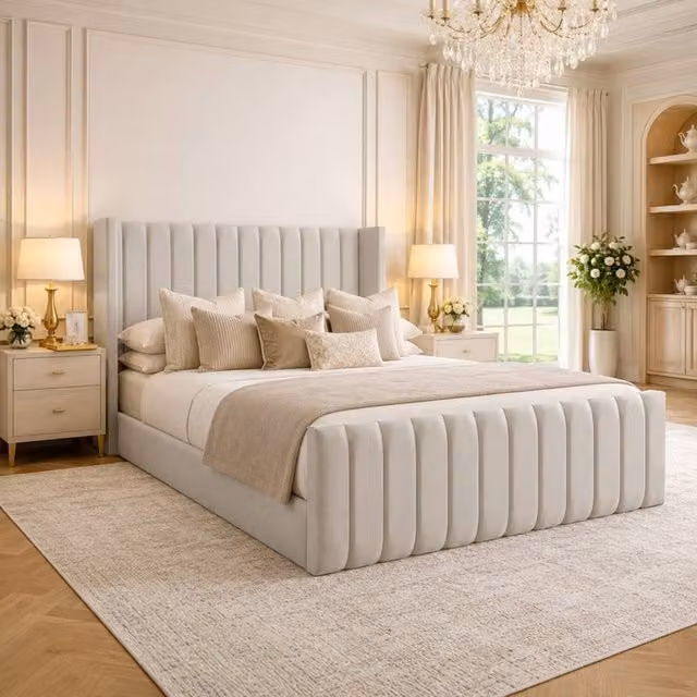 Desire Deco Plush Velvet Wingback Edward Panel Bed Frame in Light Beige, Single