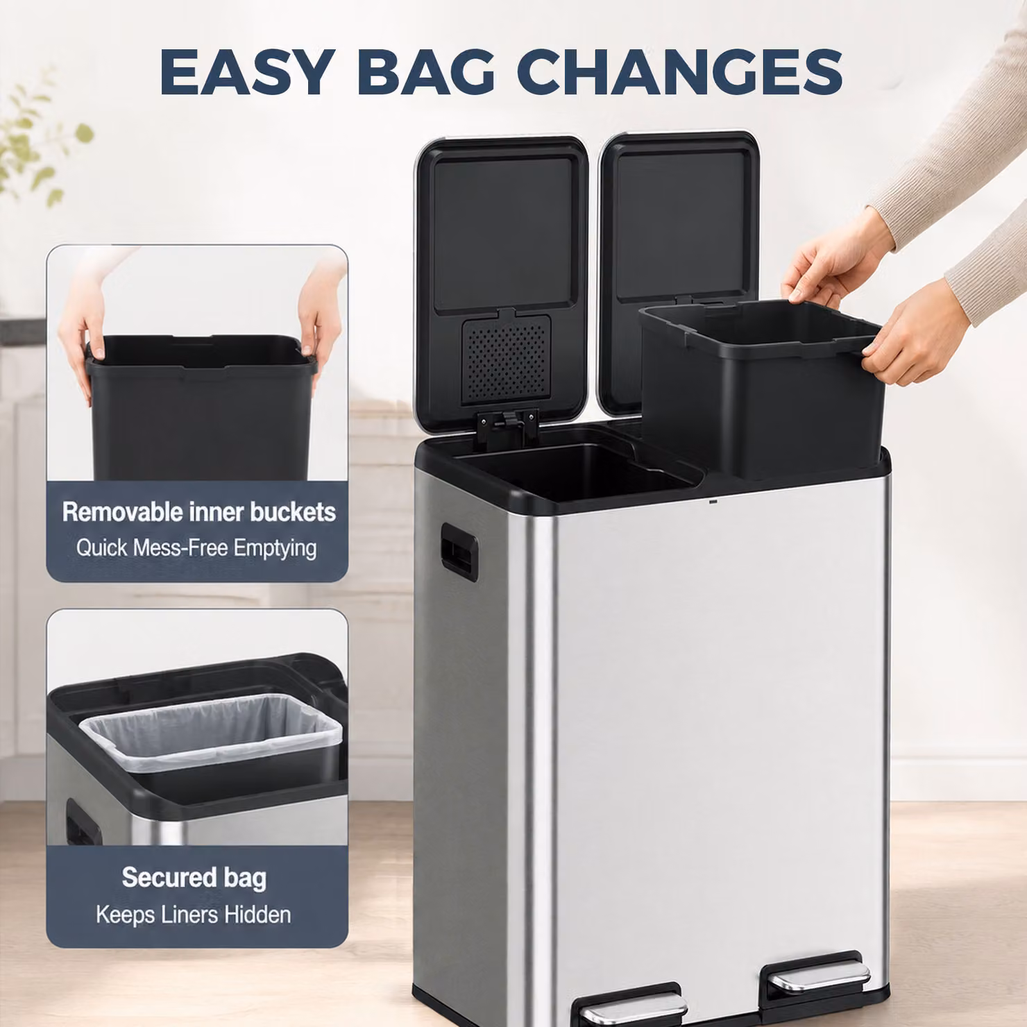 HOMCOM Double Kitchen Bin, 2 x 30L Stainless Steel Pedal Rubbish Bin with Dual Compartments, Soft Close Lids and Odour Filter, Silver Tone – 6