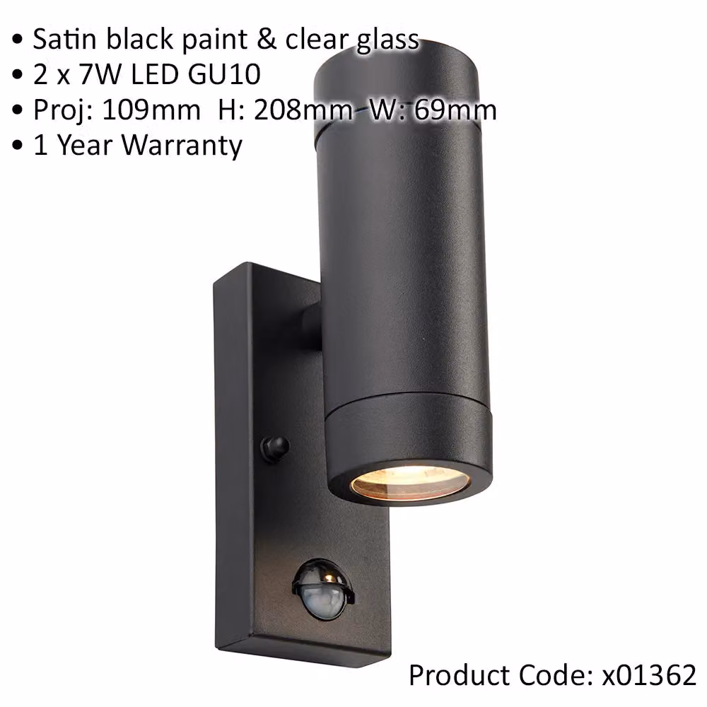 Loops Up and Down Wall Light with PIR Motion Sensor, 2 x GU10 LED, Black and Transparent – 2