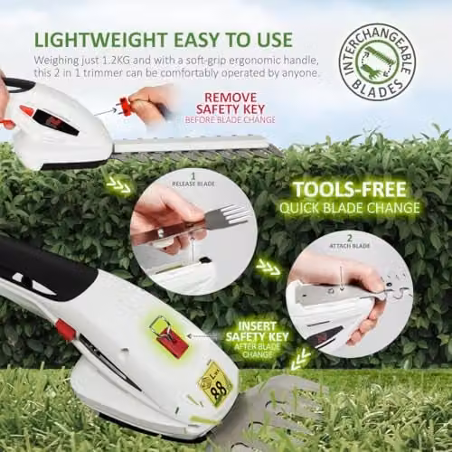 Netta 2-in-1 Cordless Hedge Trimmer and Grass Shear in White with 7.2V 1500mAh Rechargeable Lithium-Ion Battery and 2 Interchangeable Blades – 5