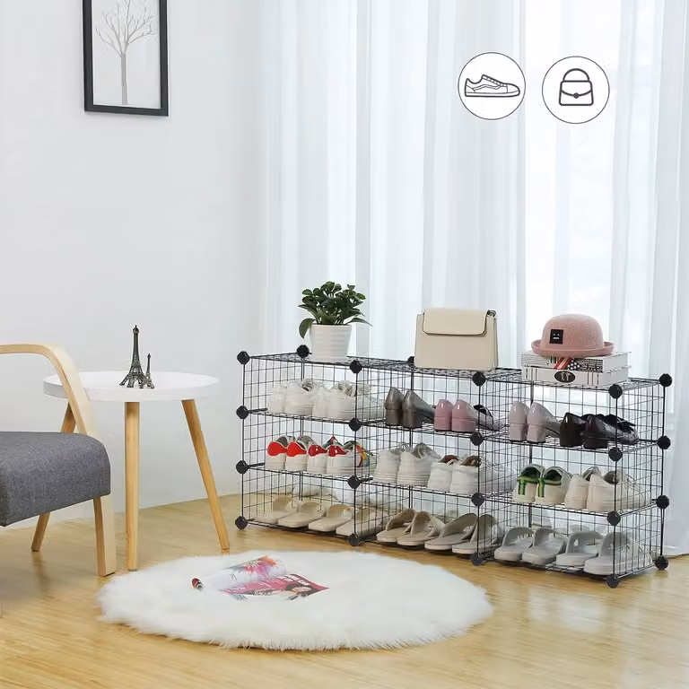SONGMICS Modular DIY Metal Wire Cube Shoe Organiser in Black