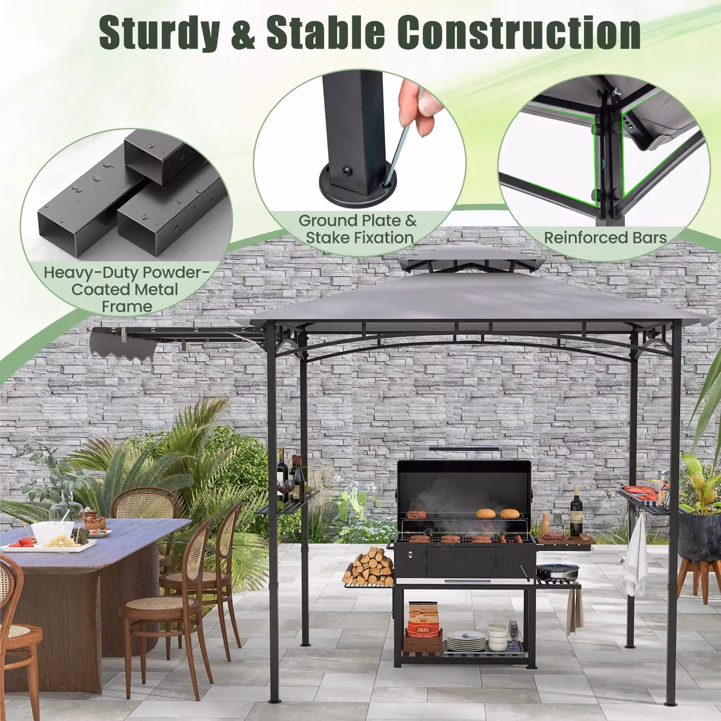 Gymax Grill Gazebo Barbecue Canopy Tent with Side Awning and Shelves, Light Grey, W: 318 cm, D: 153 cm, H: 250 cm – 5