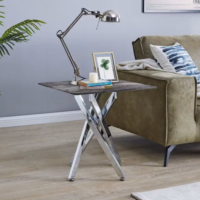 FurnitureboxUK Leonardo Side Table with Grey Marble Glass Top and Silver X-Frame Legs