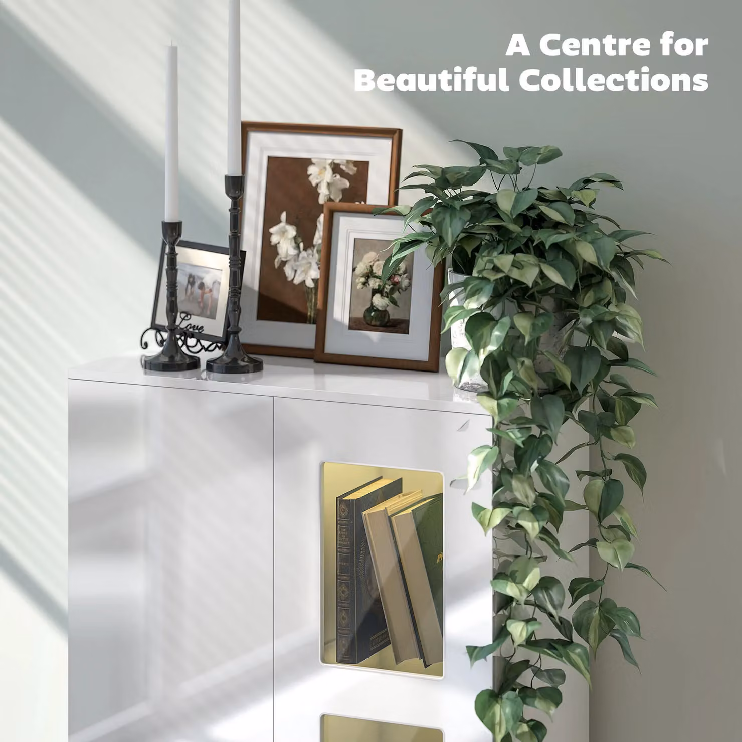 HOMCOM Modern White Glossy Display Cabinet with Glass Doors and Integrated Lighting – 3