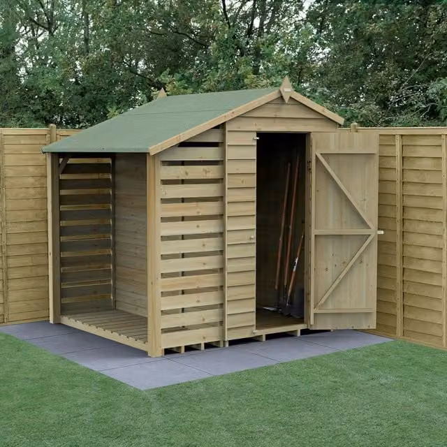 Forest Garden 4x6 Apex Wood Shed with Lean To and Double Doors in Brown