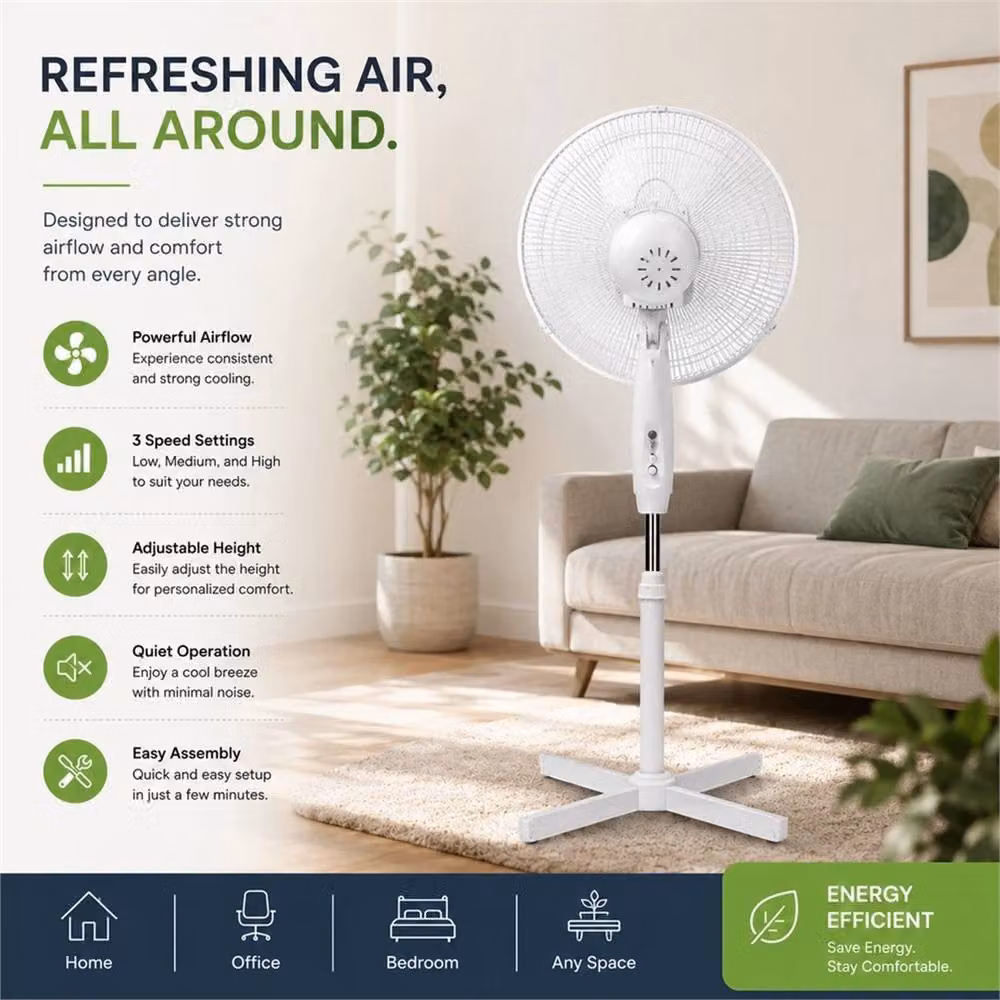 NESTLUNE 16 inch Oscillating Pedestal Fan in White – 2