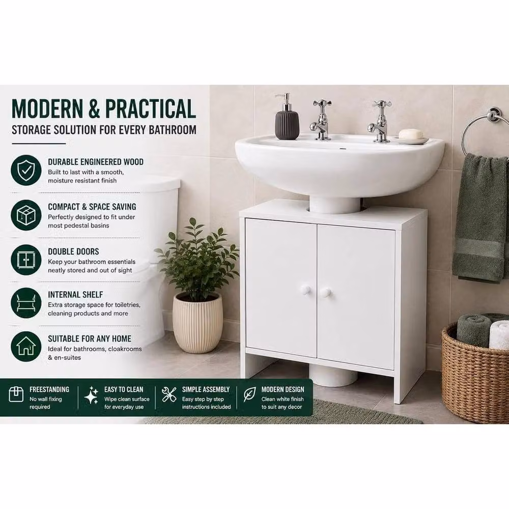 FORGEVIO Modern White Under Sink Bathroom Storage Cabinet with Internal Shelves and Hinged Doors, W/D/H: 60.0 x 30.0 x 48.0 cm – 2