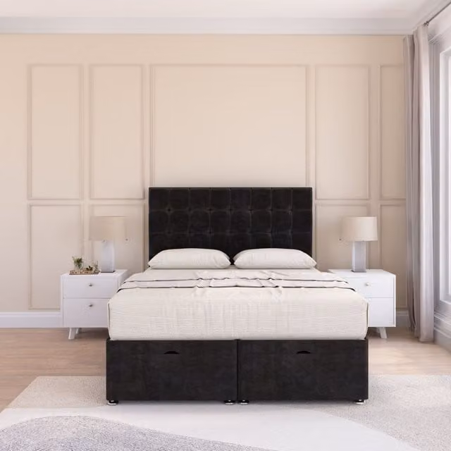 Sloomy Alabama Super King Ottoman Bed with 26 Inch Headboard and Hybrid Memory Mattress in Black