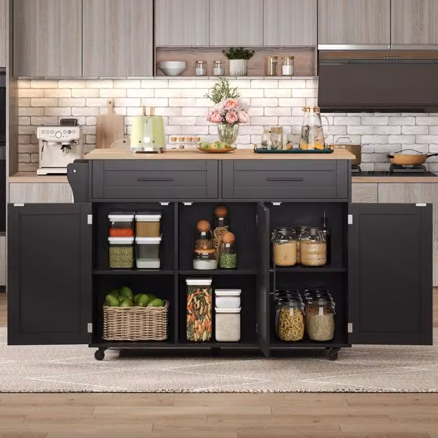 Aosom UK Mobile Kitchen Island Trolley with 2 Drawers, Cabinets and Foldable Tabletop, Black and Beige, W: 129 cm, D: 46 cm, H: 91.5 cm – 1