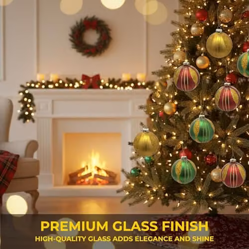 Shatchi 12-Piece Set of Red, Gold, Green and Multicolour Glass Christmas Baubles, 8 cm Round Hanging Ornaments – 4