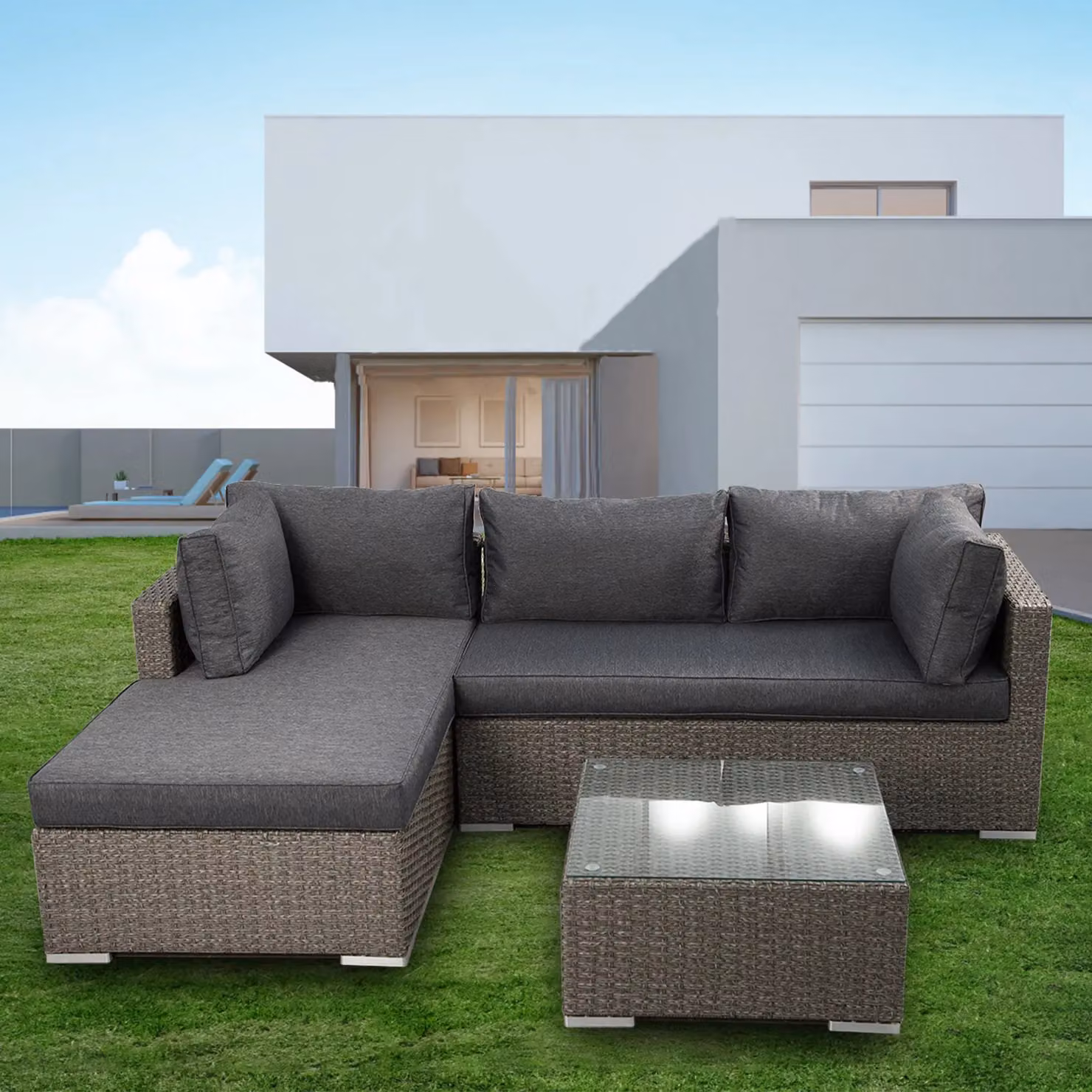 FURNITURE ONE 3 Piece Rattan Garden Corner Sofa Set with 10cm Cushions in Dark Grey – 6