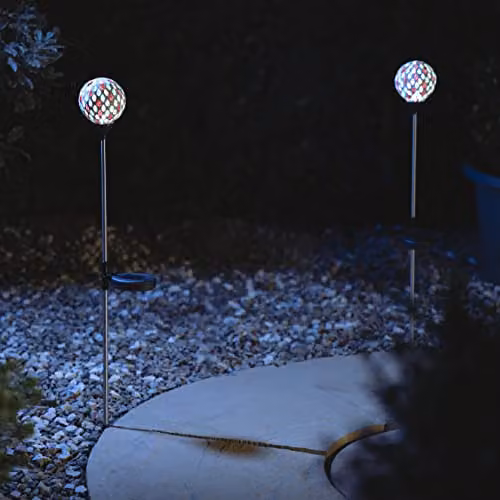 mysmartbuy Solar Mosaic Globe Stake Lights, 2 Pack, Multicolour Stainless Steel and Glass Garden Lighting, H75 x W9 cm – 2