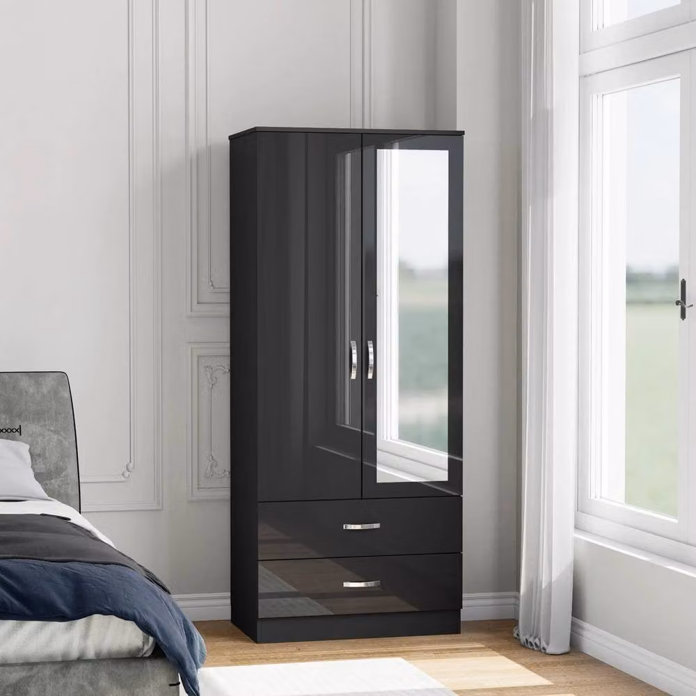 FLAVORA Modern 2 Door Freestanding Wardrobe with High Gloss Black Mirrored Doors – 2