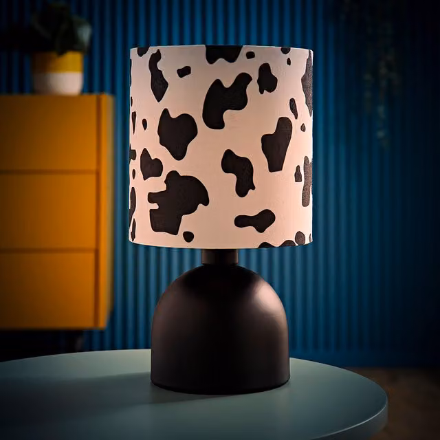 ValueLights Miley Cow Print Table Lamp with Black and White Fabric Drum Shade and LED Bulb