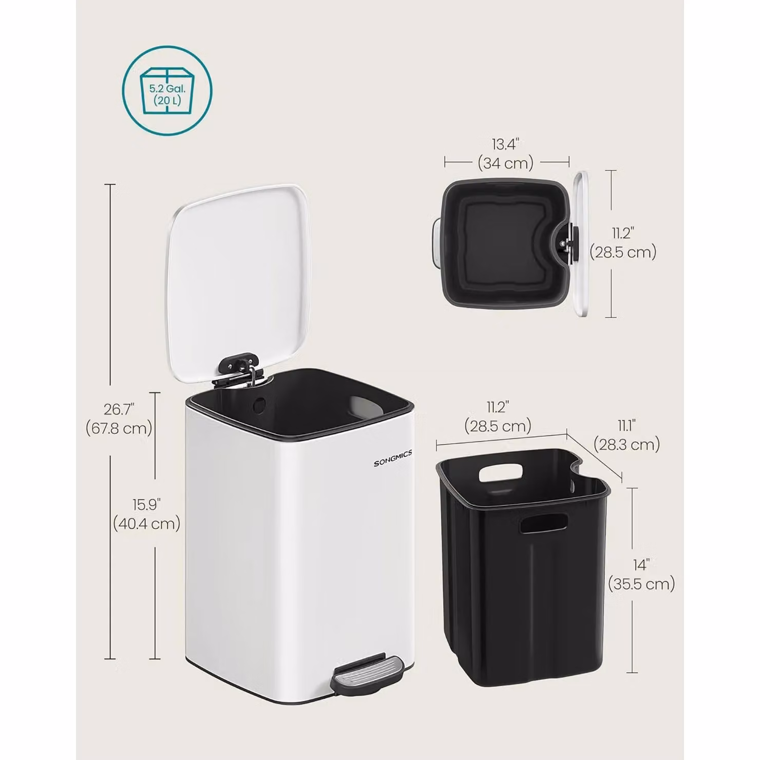 SONGMICS Medium Steel Pedal Bin with Removable Inner Bucket and Soft Close, White – 2