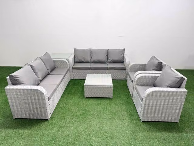 Fimous PE Rattan High Back Lounge Sofa Set in Light Grey with 3 Seater Sofa, Reclining Chair, Side Table and Coffee Table