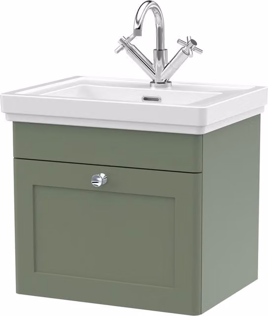 Balterley Wall Hung 1-Drawer Bathroom Vanity Unit and Fireclay Basin, Green, Width: 50 cm