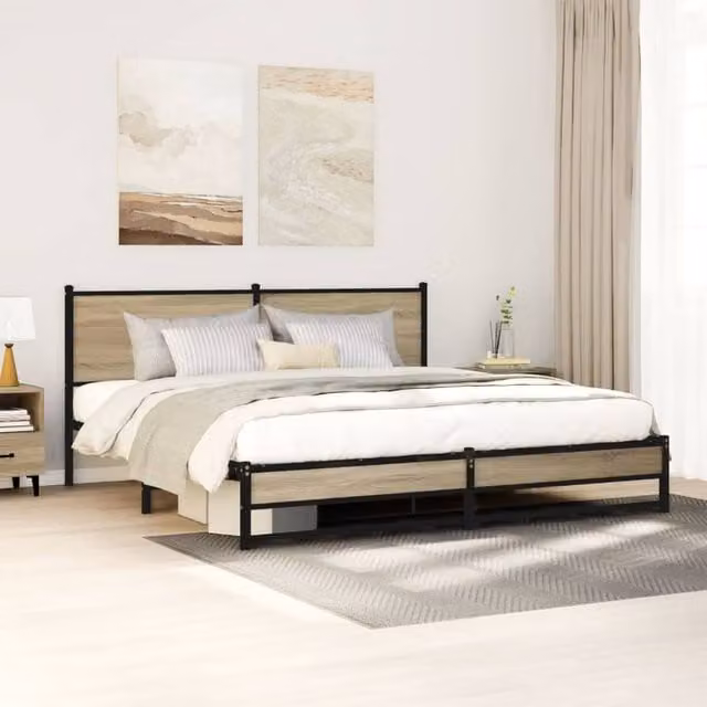 Berkfield Home Metal Bed Frame in Sonoma Oak, Natural Brown, W/D/H: 160 x 200 cm