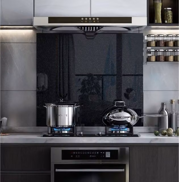 BELOFAY Black Sparkle 6mm Thick Tempered Glass Kitchen Splashback, W: 60 cm, H: 60 cm