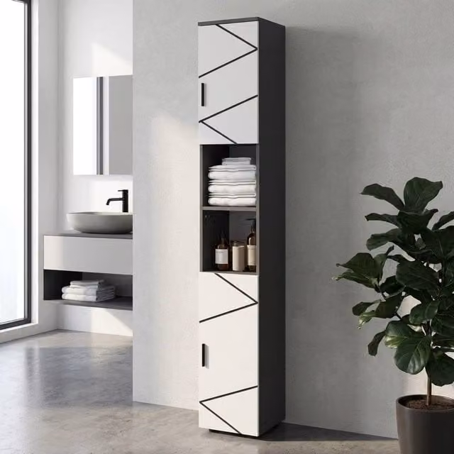 STILVORA Modern Grey Bathroom Storage Cabinet with Hinged Doors and LED Lighting – 1