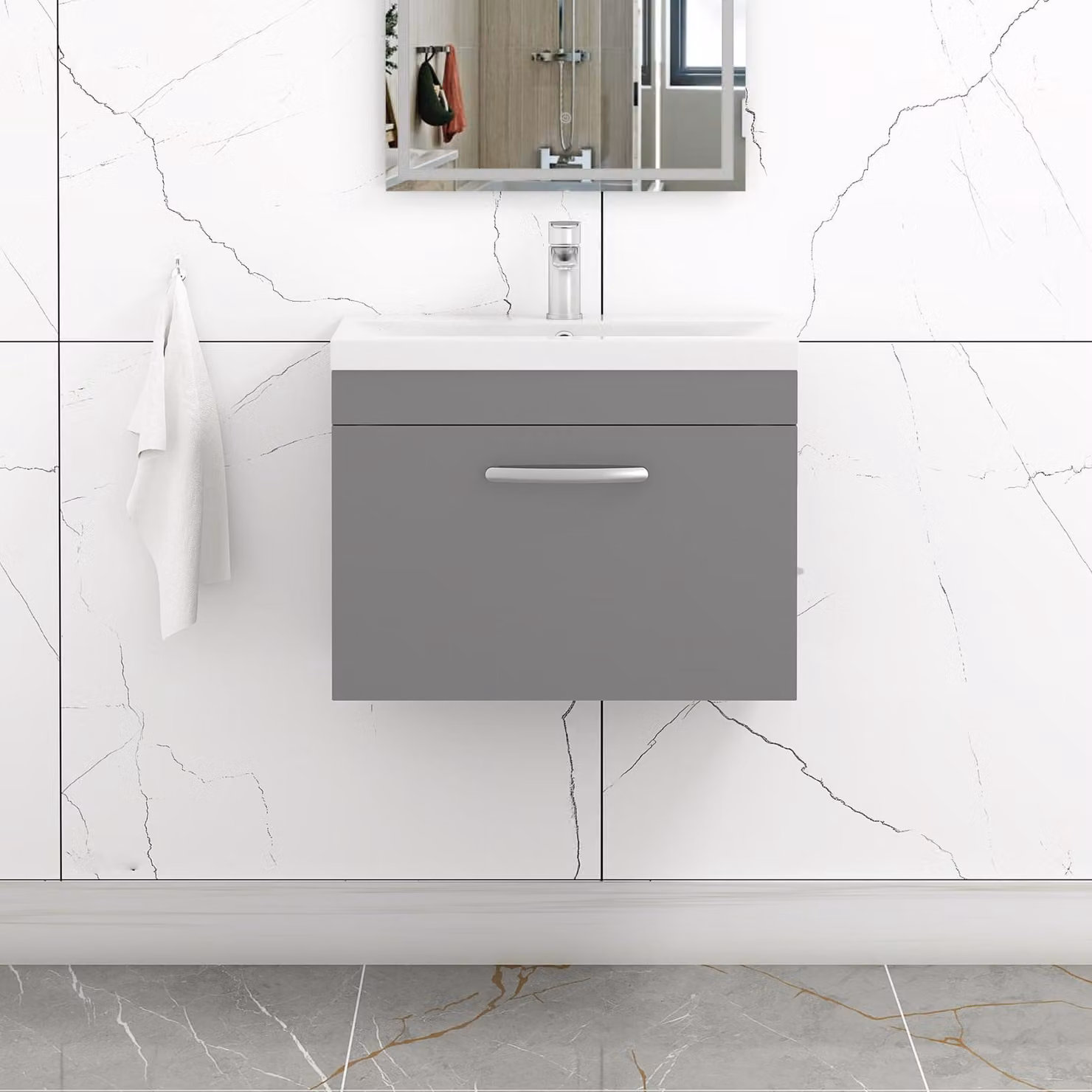 Royal Bathrooms Turin Wall Hung Vanity Unit with Mid-Edge Basin, Grey Gloss 1 Drawer