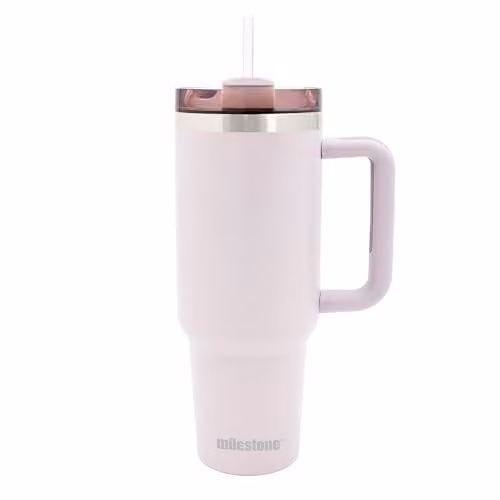 Milestone Camping 40oz Insulated Stainless Steel Travel Mug with Straw, Handle and Lid in Pebble