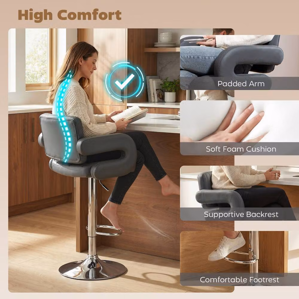 STILVORA Set of 2 Grey Synthetic Leather Bar Stools with 360 Degree Swivel and Adjustable Height – 3