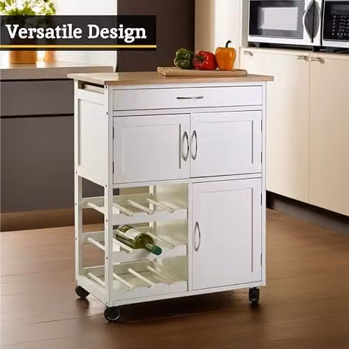 Orsina White and Bamboo Top Kitchen Trolley with Double Doors, W/D/H: 84 x 67 x 37 cm – 4