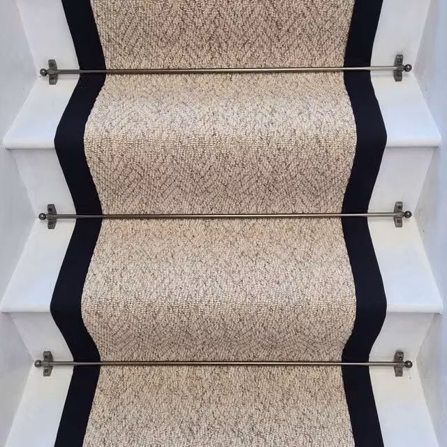 RainbowHome Herringbone Berber Beige Stair Runner with Black Cotton Border, W: 50 cm x L: 700 cm – 1