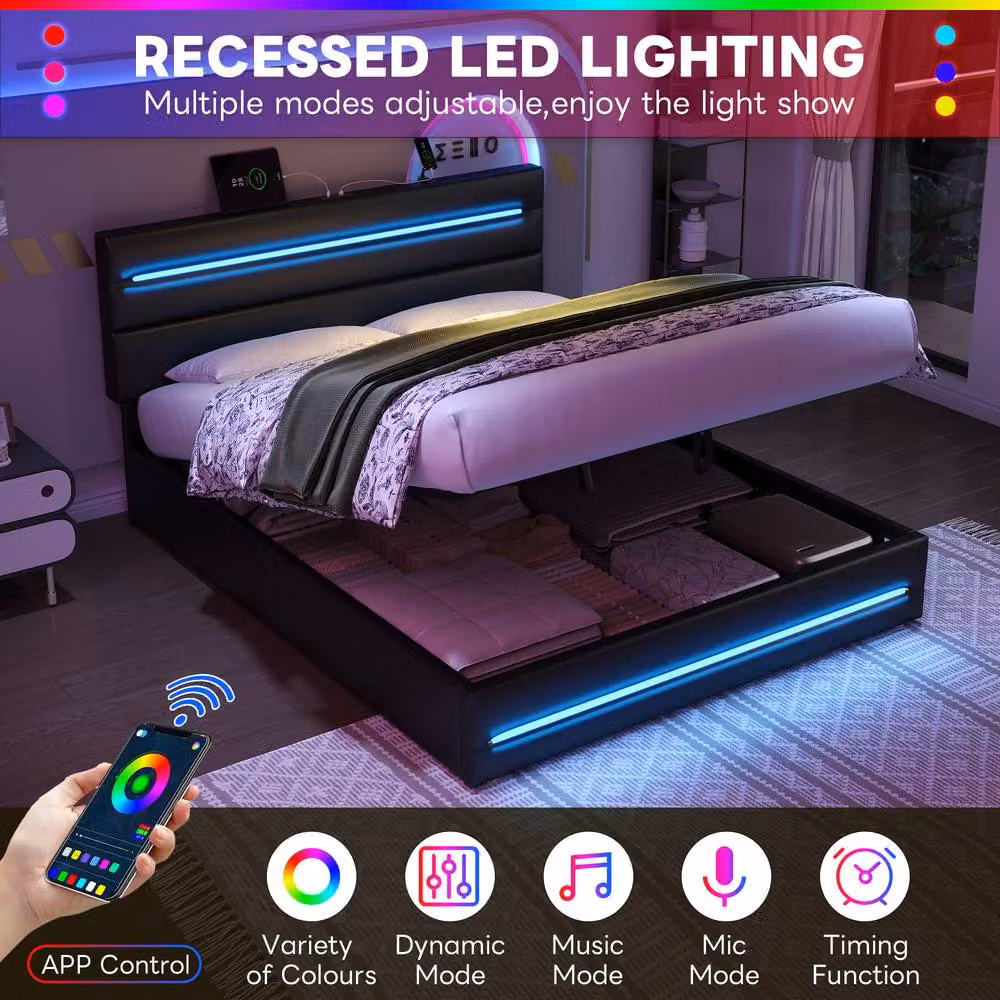 ModernLuxe Upholstered Ottoman Bed in Black with Adjustable LED Headboard and USB Charging Port, W/D/H: 140 x 200 cm – 5