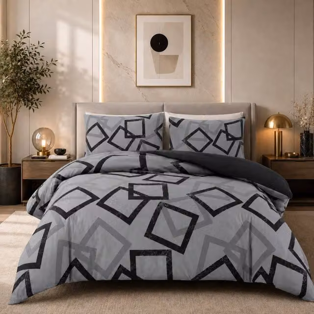 Pamposh Reversible Microfibre Duvet Cover Set with Zipper Closure, Grey and Black Graphic Design, W: 200 cm x D: 200 cm