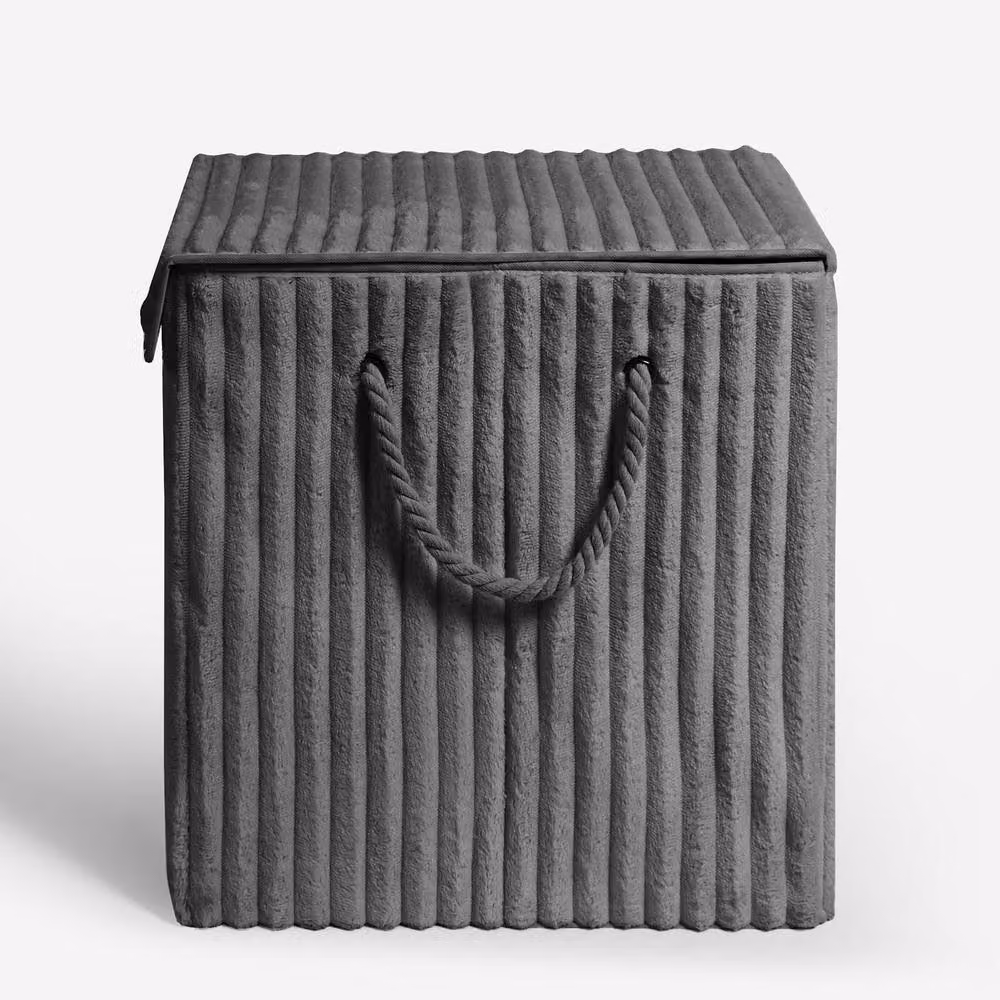 OHS Ribbed Faux Fur Folding Laundry Basket Bag with Lid and Handles in Grey – 2