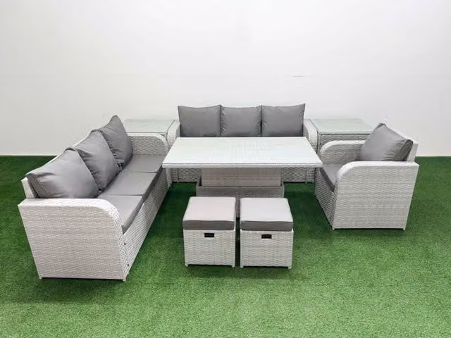 Fimous 9 Seater Poly Rattan Outdoor Garden Furniture Set in Grey with Adjustable Lifting Dining or Coffee Table, 3 Seater Sofa and 3 Reclining Chairs