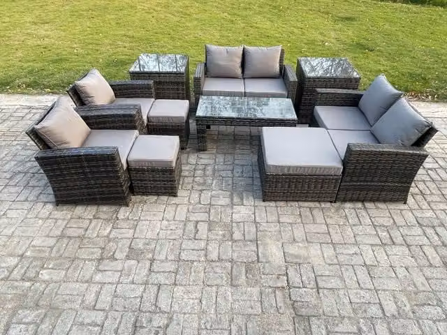 Fimous 9 Seater Dark Grey Rattan Garden Furniture Set with High Back Sofa, Love Seat, Armchairs, Coffee Table and Ottomans