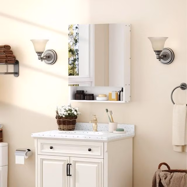 kleankin Wall Mounted White Bathroom Medicine Cabinet with Mirror and Glass Doors