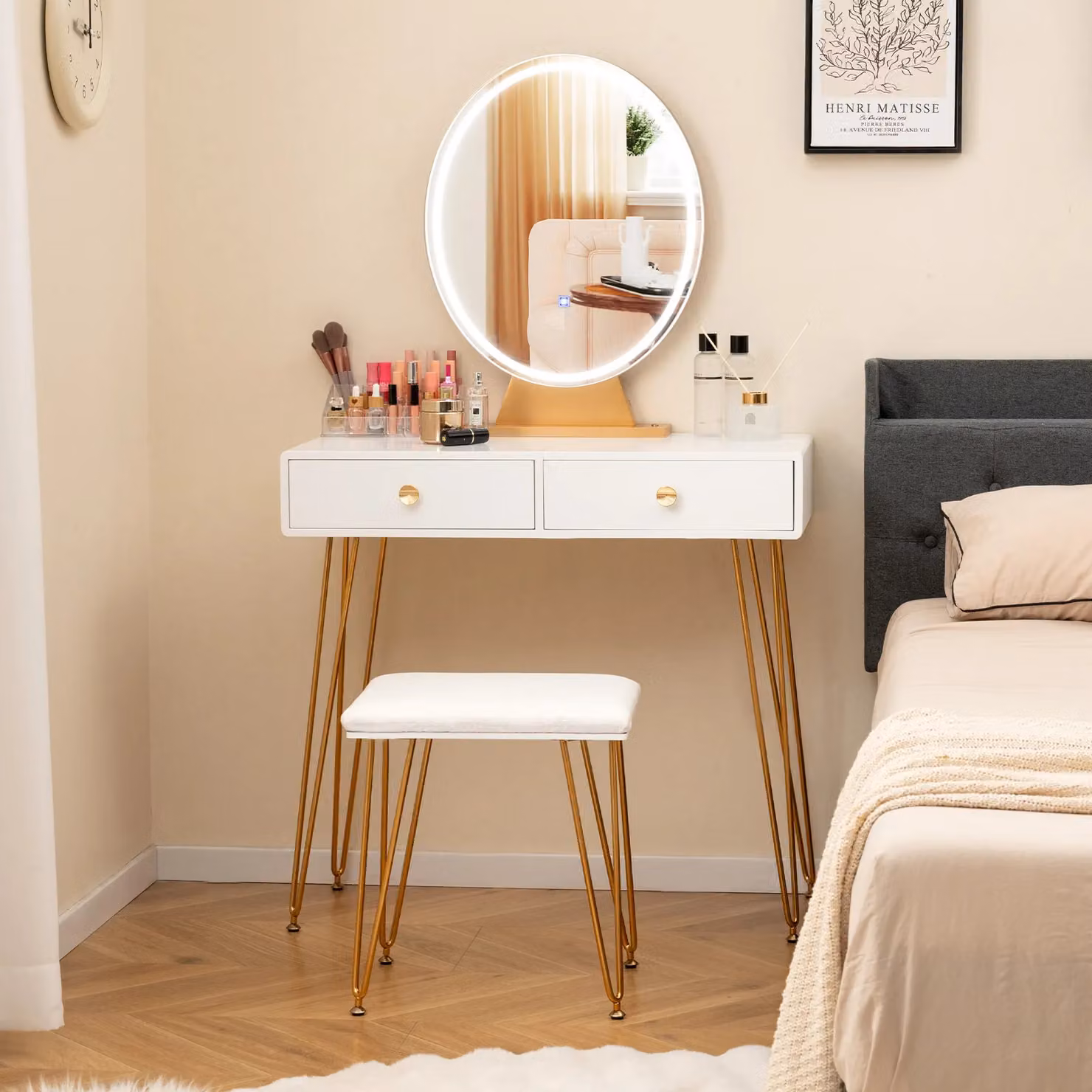 Gymax Modern White and Gold Vanity Set with LED Hollywood Mirror and Cushioned Stool – 2