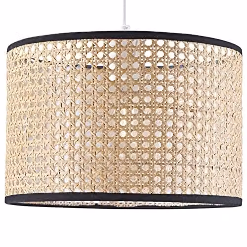 Happy Homewares Vintage Natural Wicker Rattan Drum Shaped Pendant Lamp Shade in Brown, Black and Beige, W/D/H: 20 x 20 x 30 cm