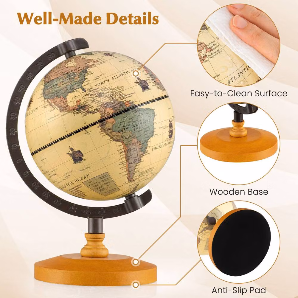 Costway Antique Mini Rotating World Globe in Bronze, Diameter: 14 cm – 5
