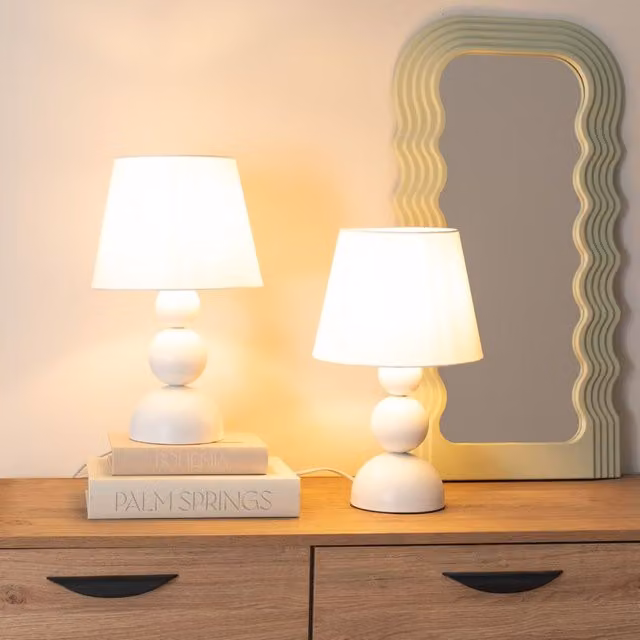 ValueLights Winnie Pair of Beige and White Ceramic Touch Table Lamps with Fabric Shades – 1