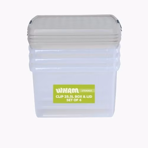 Wham 4 x 25.5L Stackable Plastic Storage Boxes with Lids, Transparent and Beige